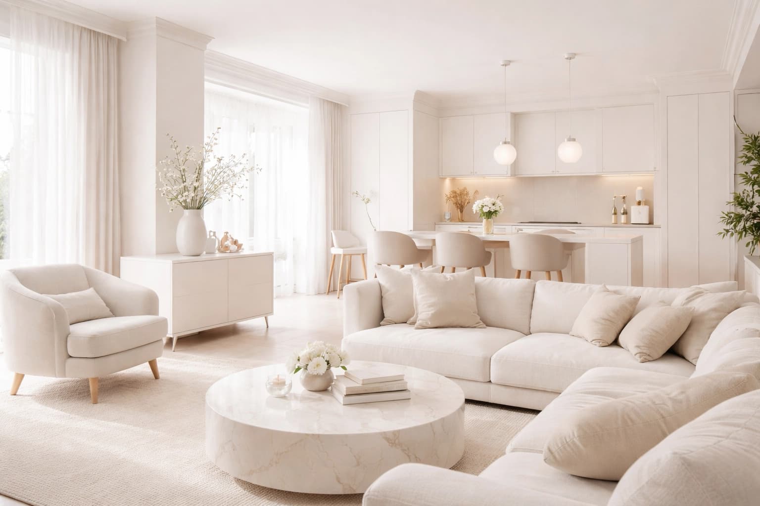 Чиста світла вітальня з кухнею після професійного прибирання квартири у Житомирі — клінінг під ключ